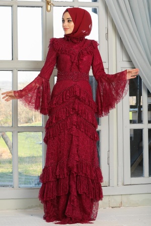 Claret Red Hijab Evening Dress 75801BR - 1