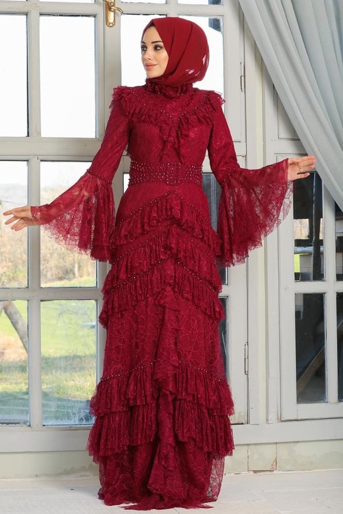 Claret Red Hijab Evening Dress 75801BR - 1