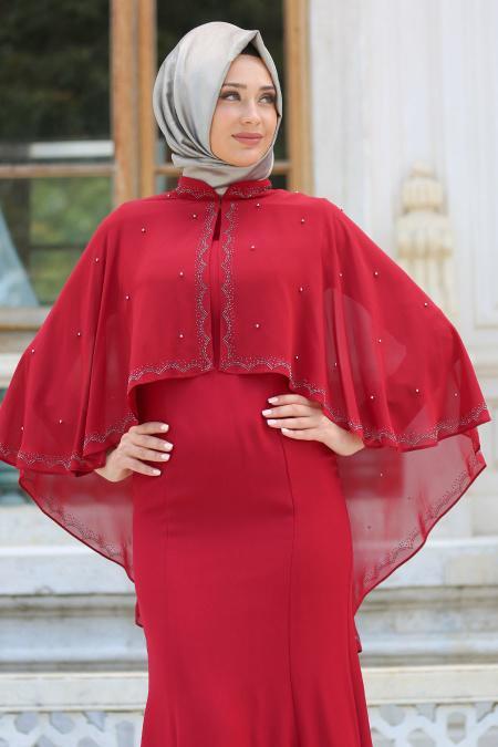 Claret Red Hijab Evening Dress 7612BR - 2