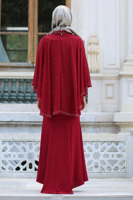 Claret Red Hijab Evening Dress 7612BR - 3