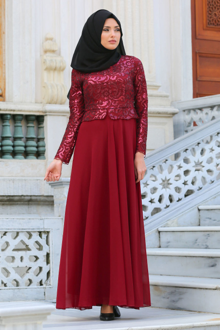 Claret Red Hijab Evening Dress 77120BR