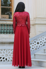 Claret Red Hijab Evening Dress 77120BR - Thumbnail