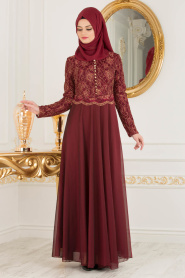 Claret Red Hijab Evening Dress 7960BR - Thumbnail