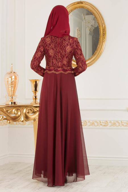Claret Red Hijab Evening Dress 7960BR - 3