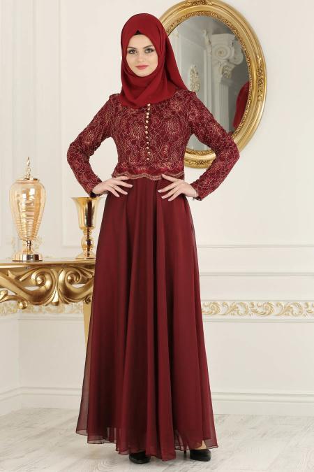 Claret Red Hijab Evening Dress 7960BR - 2