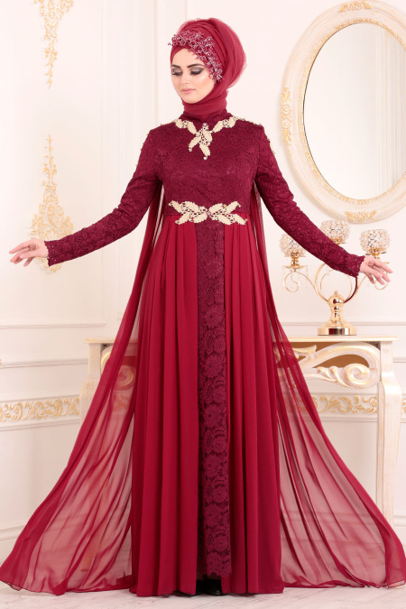 Claret Red Hijab Evening Dress 8110BR