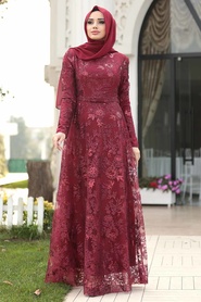 Claret Red Hijab Evening Dress 8681BR - Thumbnail