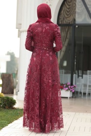 Claret Red Hijab Evening Dress 8681BR - Thumbnail