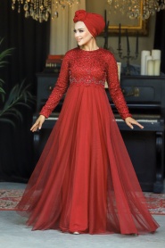 Neva Style - Plus Size Claret Red Hijab Engagement Dress 9160BR - Thumbnail