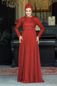 Neva Style - Plus Size Claret Red Hijab Engagement Dress 9160BR - Thumbnail