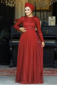 Neva Style - Plus Size Claret Red Hijab Engagement Dress 9160BR - Thumbnail