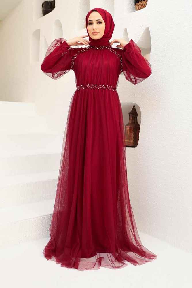 Neva Style - Plus Size Claret Red Islamic Clothing Engagement Dress 9170BR - 1