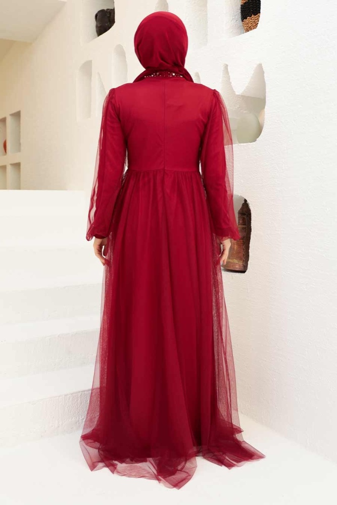 Neva Style - Plus Size Claret Red Islamic Clothing Engagement Dress 9170BR - 2