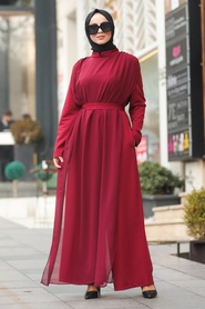 Claret Red Hijab Evening Jumpsuit 51182BR - Thumbnail