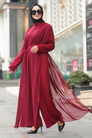 Claret Red Hijab Evening Jumpsuit 51182BR - Thumbnail