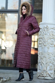 Claret Red Hijab İnflatable Coat 10650BR - Thumbnail
