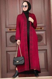 Claret Red Hijab Knitwear Cardigan 3063BR - Thumbnail