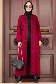 Claret Red Hijab Knitwear Cardigan 3063BR - Thumbnail