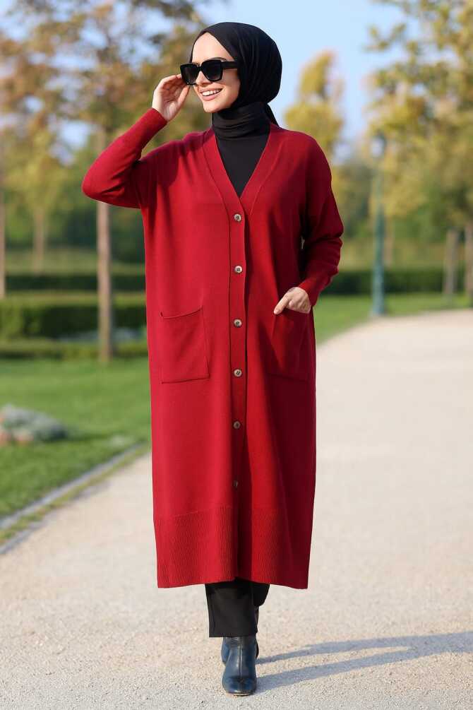 Neva Style - Claret Red Hijab Knitwear Cardigan 33650BR - 1