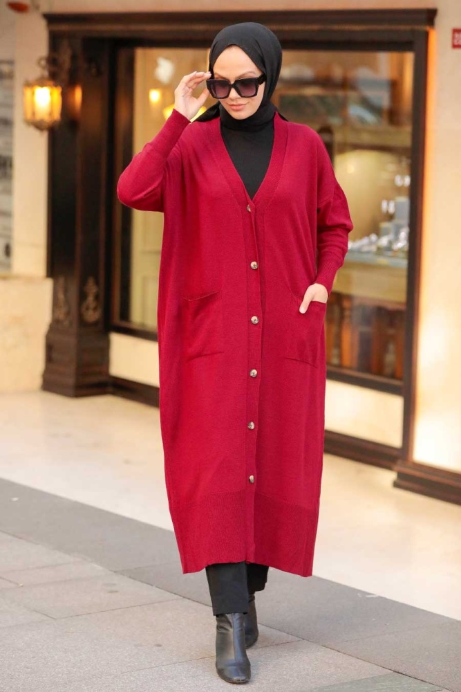 Neva Style - Claret Red Hijab Knitwear Cardigan 33650BR - 1