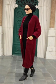 Claret Red Hijab Knitwear Cardigan 4182BR - Thumbnail