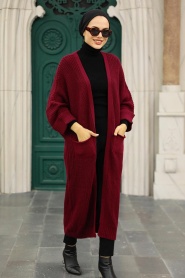 Claret Red Hijab Knitwear Cardigan 4182BR - Thumbnail