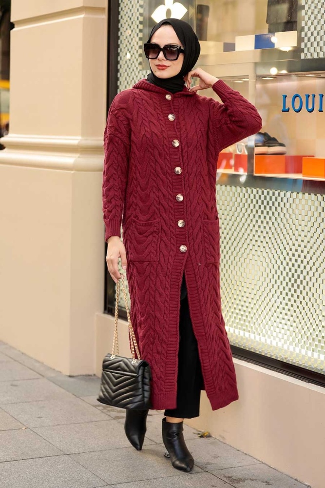 Claret Red Hijab Knitwear Cardigan 5373BR - 1