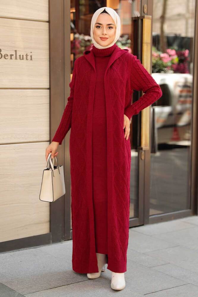 Claret Red Hijab Knitwear Dress 15030BR - 1