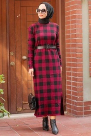 Claret Red Hijab Knitwear Dress 3048BR - Thumbnail