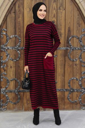 Claret Red Hijab Knitwear Dress 33371BR - 1