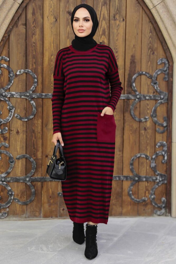 Claret Red Hijab Knitwear Dress 33371BR - 2