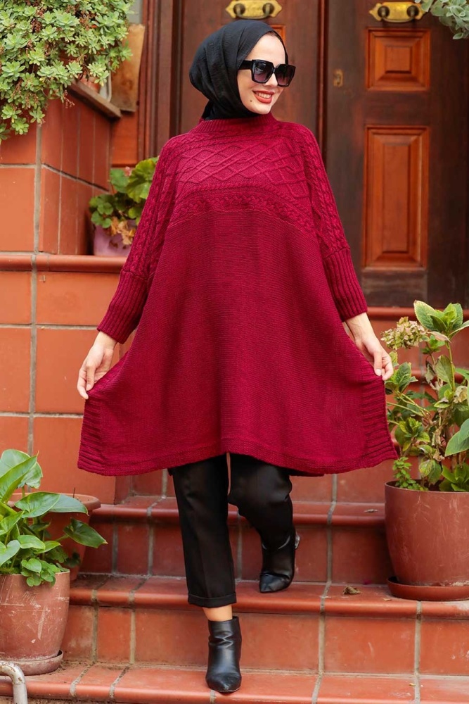 Claret Red Hijab Knitwear Poncho 3245BR - 1