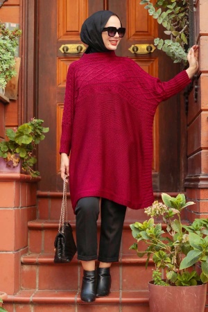 Claret Red Hijab Knitwear Poncho 3245BR - 2