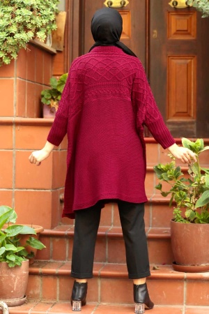 Claret Red Hijab Knitwear Poncho 3245BR - 3