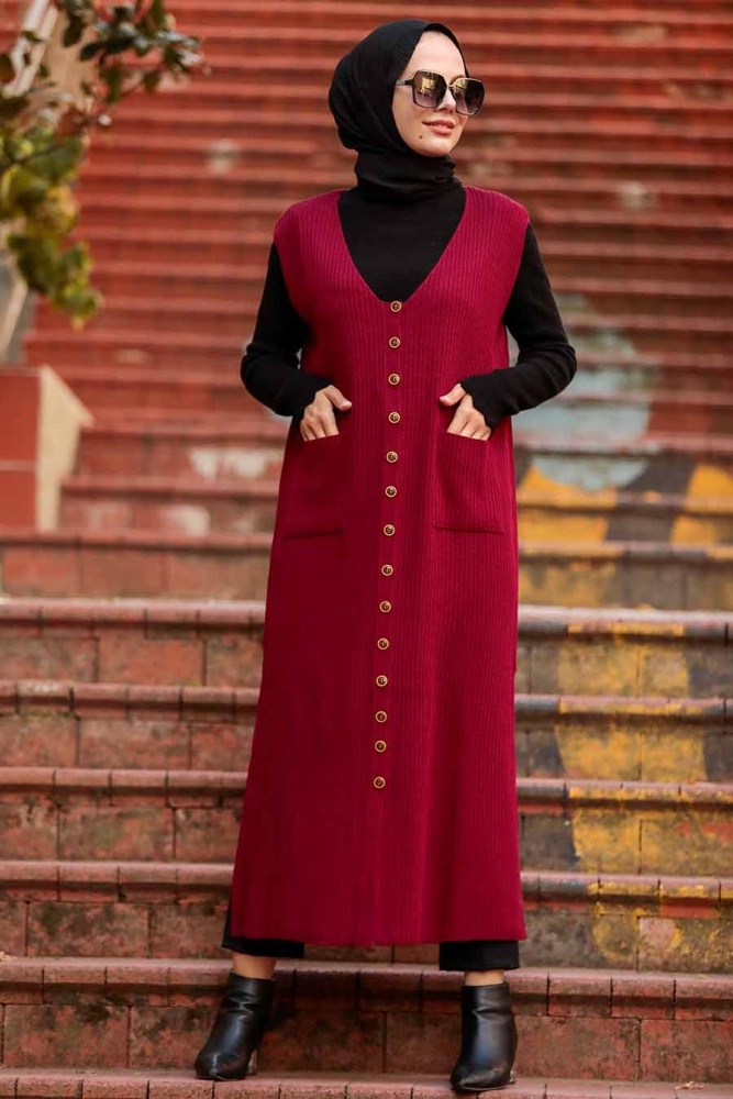 Claret Red Hijab Knitwear Vest 3324BR - 1