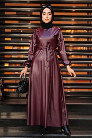 Claret Red Hijab Leather Dress 52050BR - 1