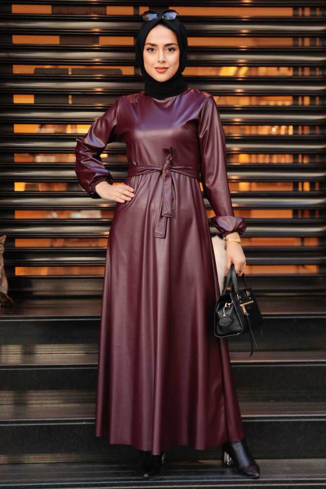 Claret Red Hijab Leather Dress 52050BR - 2