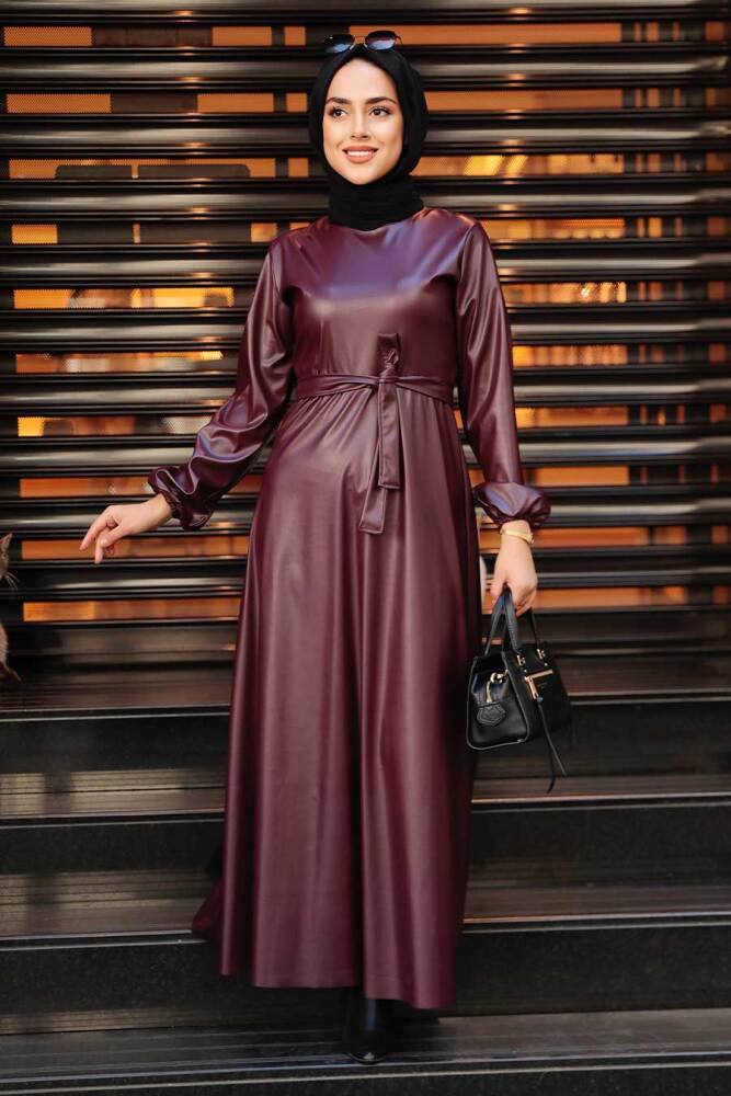 Claret Red Hijab Leather Dress 52050BR - 3