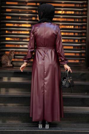 Claret Red Hijab Leather Dress 52050BR - 4