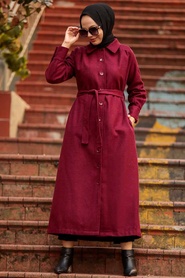 Claret Red Hijab Stamp Coat 4554BR - Thumbnail