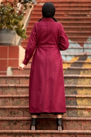 Claret Red Hijab Stamp Coat 4554BR - Thumbnail