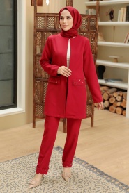 Claret Red Hijab Suit Dress 10123BR - Thumbnail