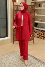 Claret Red Hijab Suit Dress 10123BR - Thumbnail