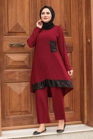 Claret Red Hijab Suit Dress 1946BR - Thumbnail