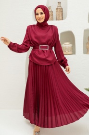 Neva Style - Satin Claret Red Hijab Engagement Gown 3456BR - Thumbnail