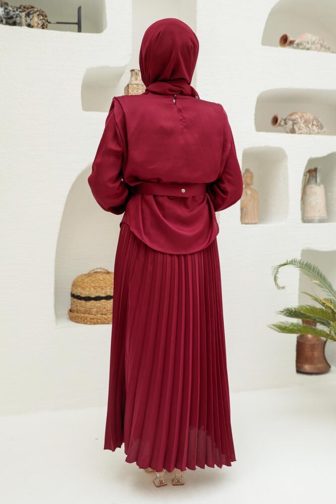 Neva Style - Satin Claret Red Hijab Engagement Gown 3456BR - 2