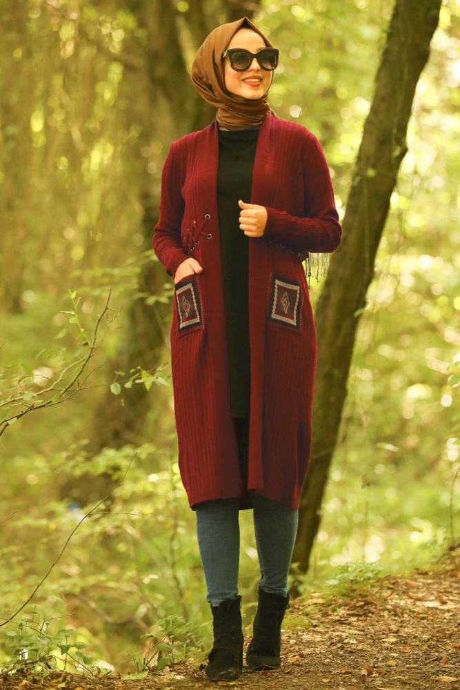 Claret Red Hijab Cardigan 14711BR - 1