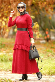 Claret Red Hijab Dress 4021BR - Thumbnail