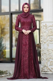 Claret Red Hijab Evening Dress 196711BR - Thumbnail
