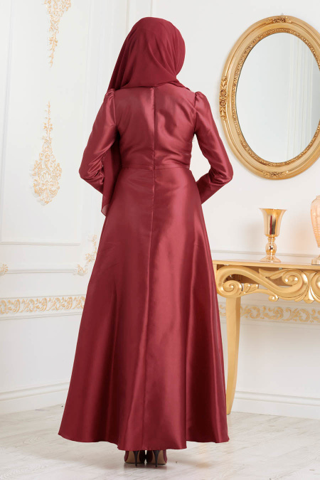 Neva Style - Stylish Claret Red Modest Islamic Clothing Wedding Dress 3755BR